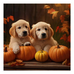 Goud Retriever Puppy Herfst Plezier Pompoen  Perfect Poster