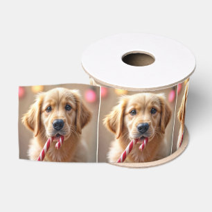Goud Retriever Puppy Met Een Suikerstok Grosgrain Lint