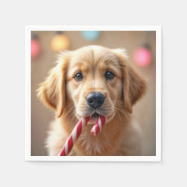 Goud Retriever Puppy Met Een Suikerstok Servet