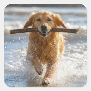 Goud Retriever Rent met een Strandstok Vierkante Sticker