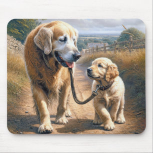 Goud Retrievers Wandelen op een Landelijke Weg Muismat