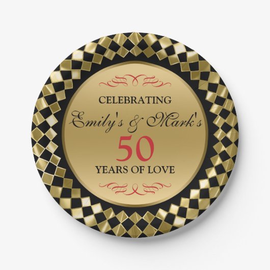 Goud Rhomboïde en rode zilveren Jubileum Papieren Bordje (Voorkant)