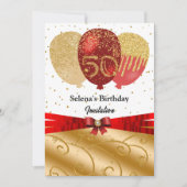 Goud, Rode Ballonnen & Zijde Lint 50ste Verjaardag Kaart (Voorkant)