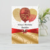 Goud, Rode Ballonnen & Zijde Lint 50ste Verjaardag Kaart (Staand voorkant)