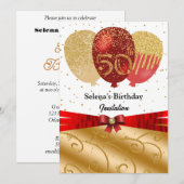 Goud, Rode Ballonnen & Zijde Lint 50ste Verjaardag Kaart (Voorkant / Achterkant)