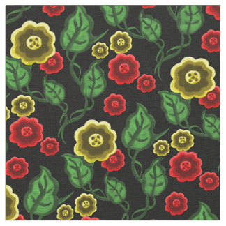 Goud/rode bloemen/groene bladeren/Folkbloem/zwart Stof
