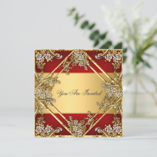 Goud Rode Bloemrijke Frame Feest Uitnodiging Goud  (Staand voorkant)