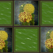 Goud Rode Chrysanten op Blauwgroen Damask n Schrij Tegeltje