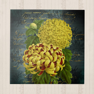 Goud Rode Chrysanten op Blauwgroen Damask n Schrij Tegeltje
