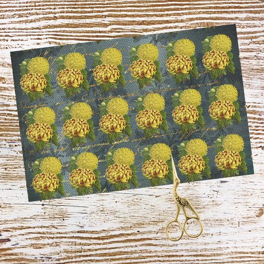 Goud Rode Chrysanten op Blauwgroen Damask n Schrij Tissuepapier