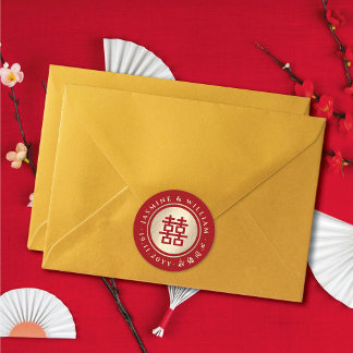 Goud/Rode Cirkel Dubbele Geluk Chinese Bruiloft Ronde Sticker