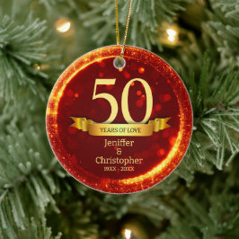 Goud & Rode Glitter Bewerk Jaar Bruiloft Jubileum Keramisch Ornament