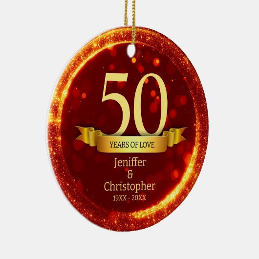 Goud & Rode Glitter Bewerk Jaar Bruiloft Jubileum Keramisch Ornament (Rechts)