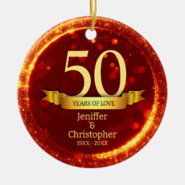 Goud & Rode Glitter Bewerk Jaar Bruiloft Jubileum Keramisch Ornament