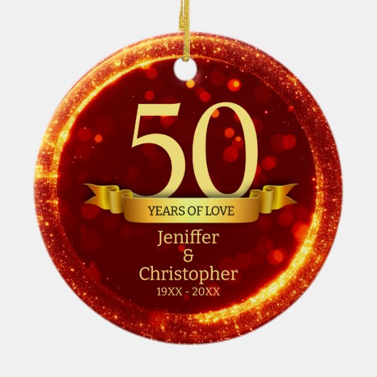 Goud & Rode Glitter Bewerk Jaar Bruiloft Jubileum Keramisch Ornament (Achterkant)