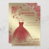 Goud Rode rozen rode glitterjurk Quinceañera Kaart (Voorkant / Achterkant)