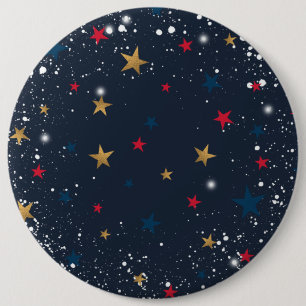 Goud, rode sterren, sneeuwvlokken op blauw. feeste ronde button 6,0 cm