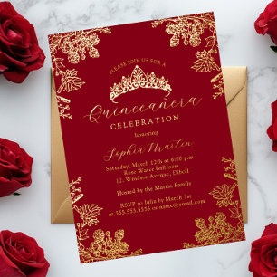 Goud Rode Vintage Bloem Quinceanera Folie Uitnodiging