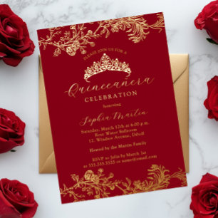 Goud Rode Vintage Elegante Quinceanera Folie Uitnodiging
