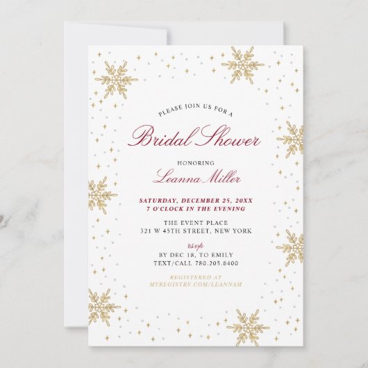 Goud & Rode Winter Kerst Bruiloft Bruidsfeest Kaart (Voorkant)