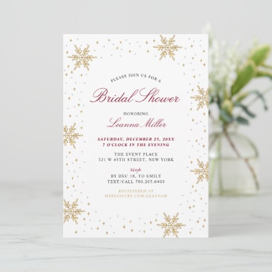 Goud & Rode Winter Kerst Bruiloft Bruidsfeest Kaart (Staand voorkant)