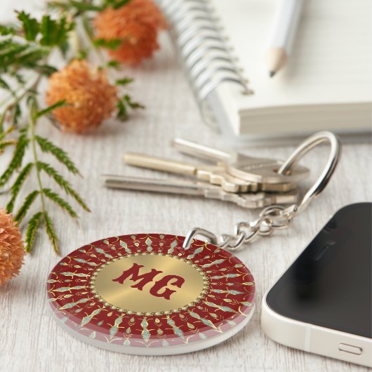 Goud Rode Witte Diamanten Aangepast Monogram Sleutelhanger (Voorkant Rechts)