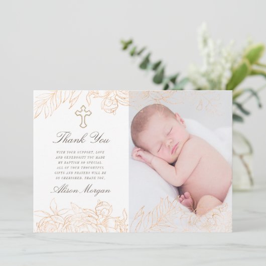 Goud Romantische Bloemen Doop Dank u kaart (Staand voorkant)