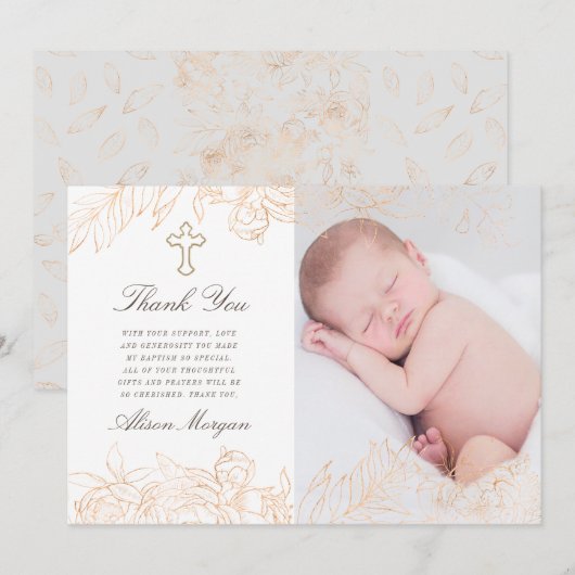 Goud Romantische Bloemen Doop Dank u kaart (Voorkant / Achterkant)