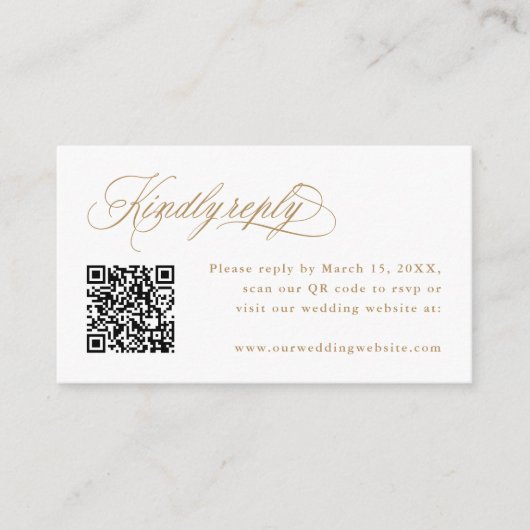 Goud Romantische Kalligrafie Huwelijk QR Code RSVP Informatiekaartje (Voorkant)