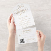 Goud Romantische Swirly Kalligrafie Bruiloft All In One Uitnodiging (Afscheurbaar)