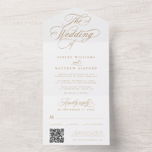 Goud Romantische Swirly Kalligrafie Bruiloft All In One Uitnodiging (Binnen)