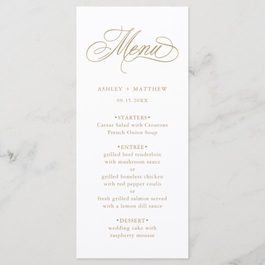 Goud Romantische Swirly Kalligrafie Bruiloft Menu (Voorkant)