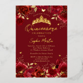 Goud Rood Betoverende Bloemenvlinder Quinceanera Folie Uitnodiging (Voorkant)