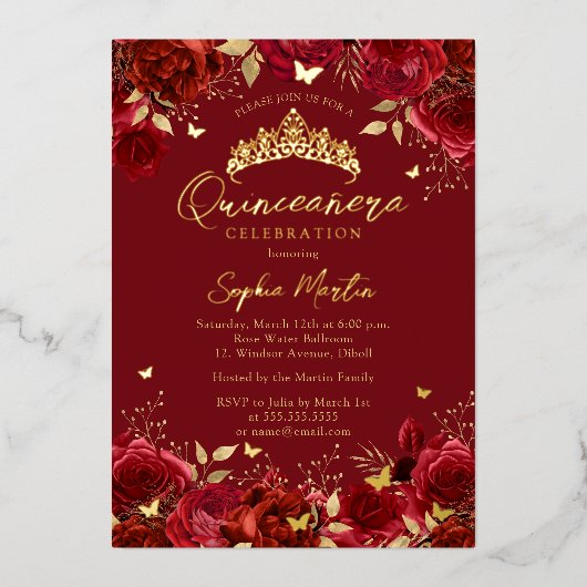 Goud Rood Betoverende Bloemenvlinder Quinceanera Folie Uitnodiging (Voorkant)