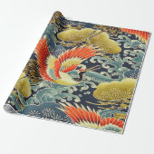 Goud Rood Blauw Japans Kimono Bloemen Decoupage Cadeaupapier (Uitgerold)