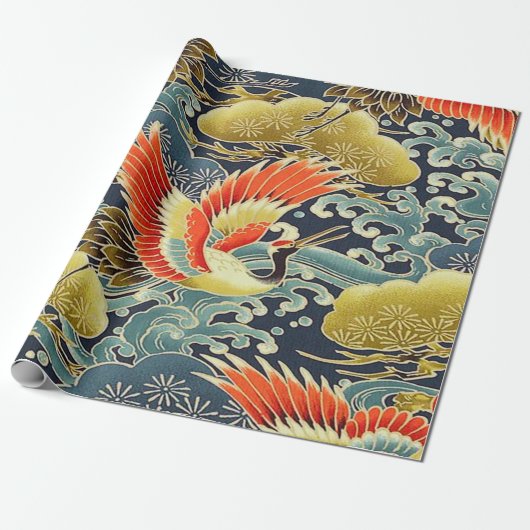 Goud Rood Blauw Japans Kimono Bloemen Decoupage Cadeaupapier (Uitgerold)