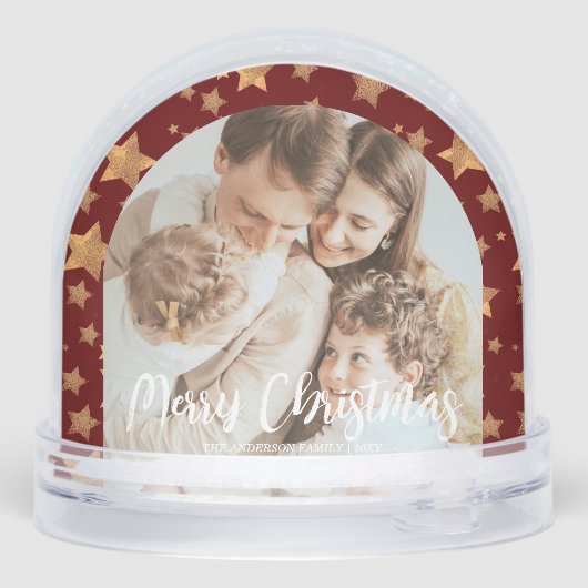 Goud Rood Familie Foto Vrolijk Kerstsneeuw Wereldb Sneeuwbol (Achterkant)