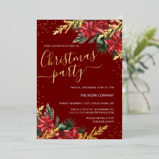 Goud Rood Foliage Zakelijk Kerstfeest Folie Uitnodiging (Staand Voorkant)