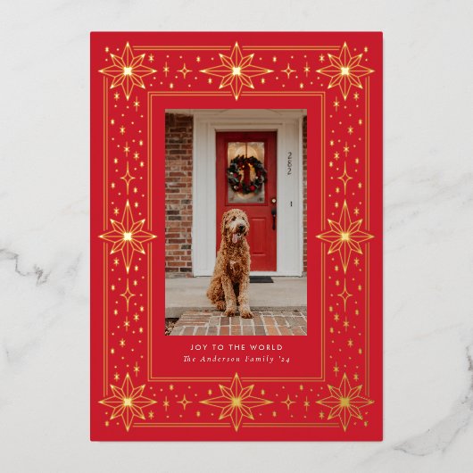 Goud & Rood geometrische sterrand Kerstfoto Folie Uitnodiging (Voorkant)