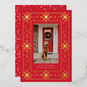 Goud & Rood geometrische sterrand Kerstfoto Folie Uitnodiging (Voorkant / Achterkant)