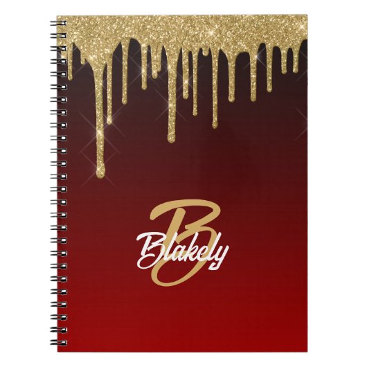 Goud Rood Glitter Drip Monogram Sparkle Cute Girly Notitieboek (Voorkant)