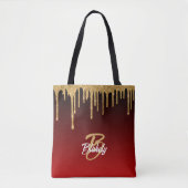 Goud Rood Glitter Drip Monogram Sparkle Cute Girly Tote Bag (Voorkant)