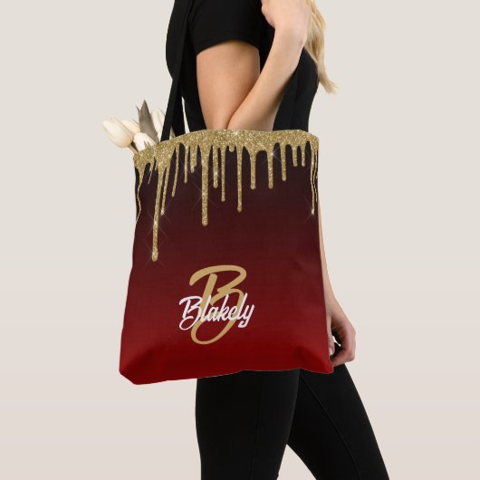 Goud Rood Glitter Drip Monogram Sparkle Cute Girly Tote Bag (Dichtbij)