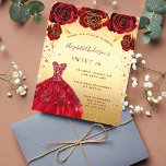 Goud rood glitter-jurk, gezoet 16 flyer<br><div class="desc">Let op: deze uitnodiging is op flyer paper en erg dun. Enveloppen zijn niet inbegrepen. Ga naar onze winkel voor nog meer dikkere uitnodigingen (hetzelfde ontwerp). Een moderne, stijlvolle en glamoureuze uitnodiging voor een Sweet 16, 16e verjaardagsfeestje. Een faux gouden achtergrond met faux goudstof, een jurk en rode rozen, bloemen....</div>
