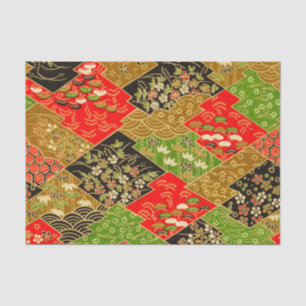 Goud Rood Groen Japans Kimono Bloemen Decoupage Tissuepapier