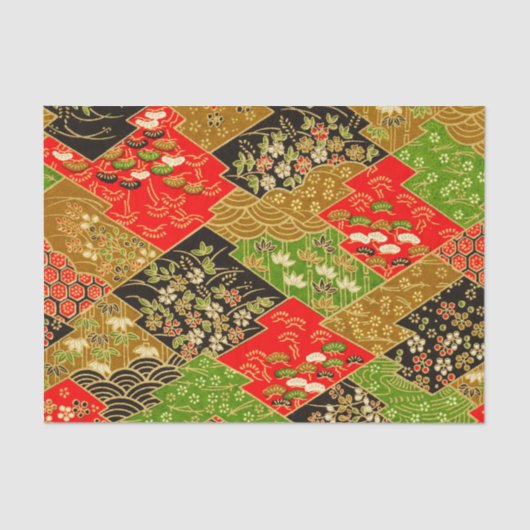 Goud Rood Groen Japans Kimono Bloemen Decoupage Tissuepapier (Voorkant)