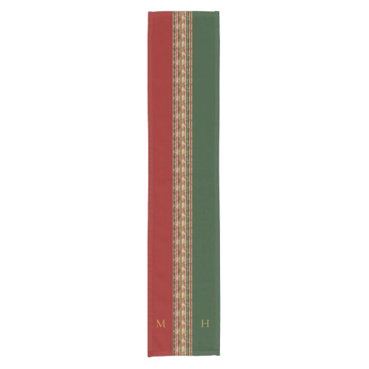 Goud Rood Groen Monogram Kerst Tafel Runner Korte Tafelloper (Voorkant)