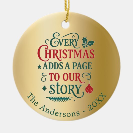 Goud rood groen ons verhaal typografie kerst keramisch ornament (Voorkant)