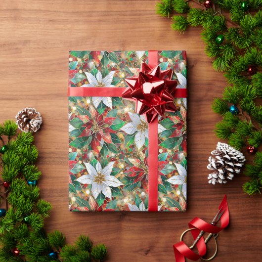 Goud Rood Groen Wit Poinsettia Cadeaupapier (Feestdagen Geschenken)