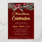 Goud & Rood Jaarlijks Kerstfeest Viering Goud Folie Uitnodiging (Voorkant)